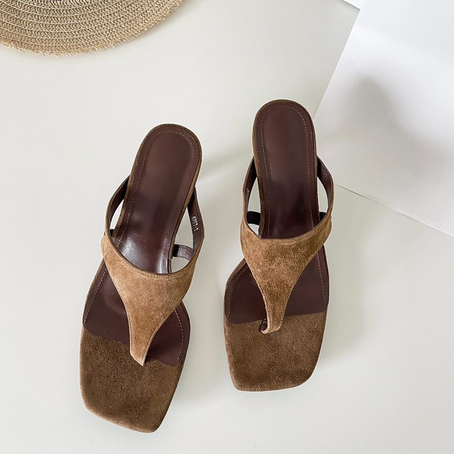 Sarah Express Retro Square Toe Thong Stiletto Sandals Brown