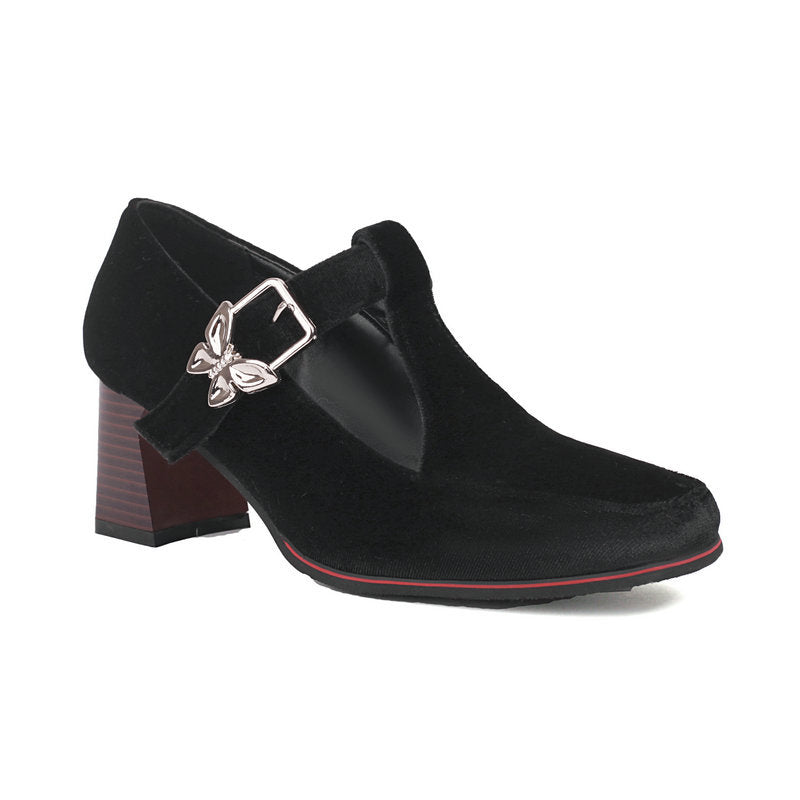 Sarah Express Suede Square Toe Block Heel Pumps Black