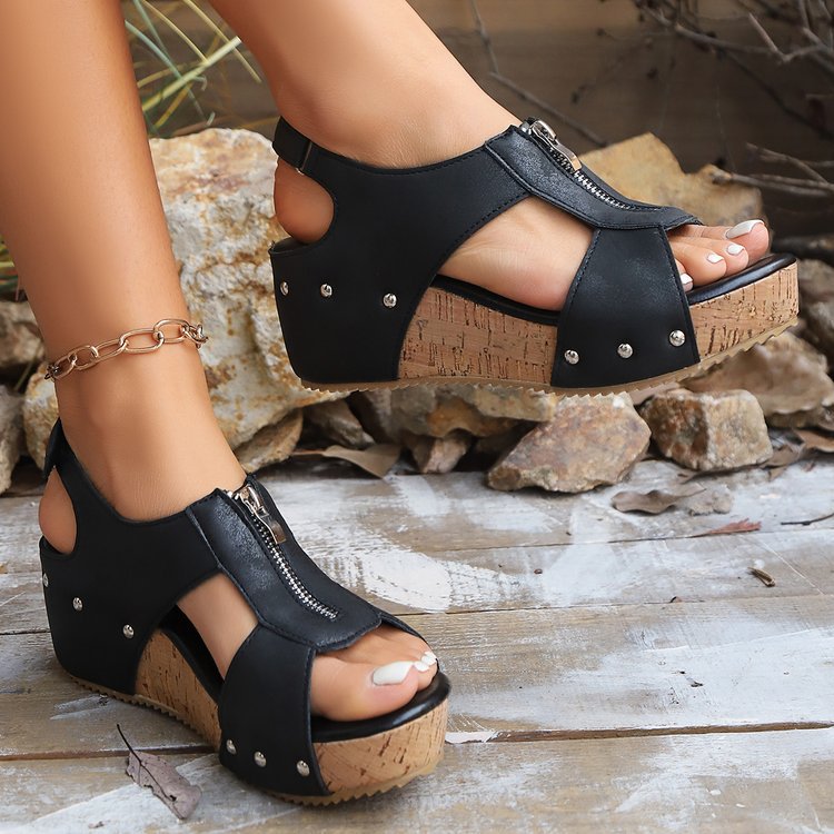Sarah Express Lightweight Zipper Wedge Sandals Black