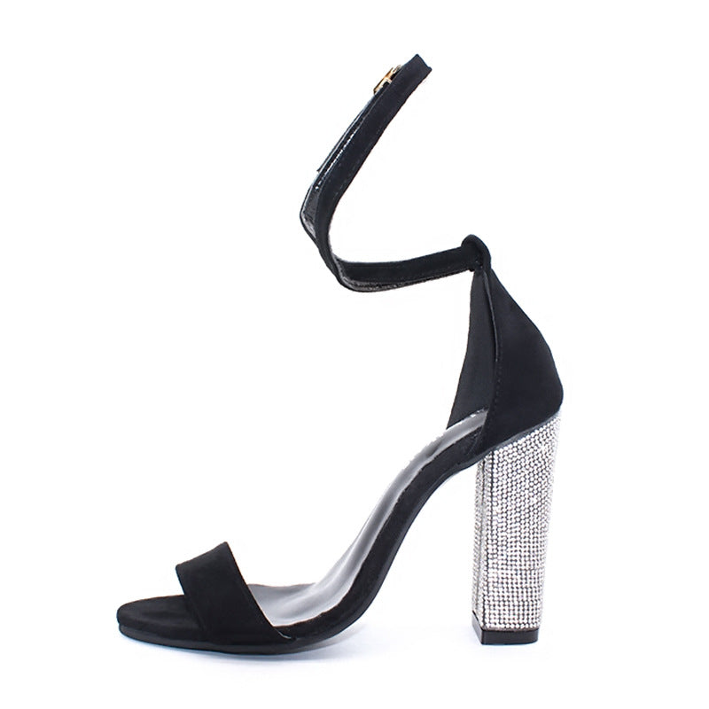 Sarah Express Rhinestone Embellished Ankle Strap Block Heels Black