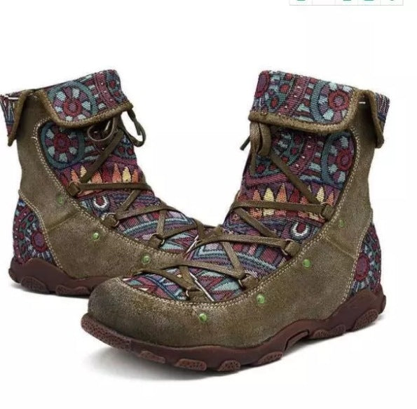 Sarah Express Vintage Patterned Flat Ankle Boots Green