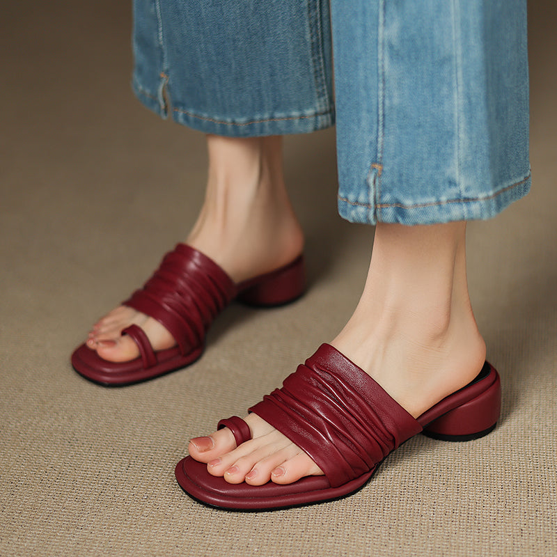 Sarah Express Handmade Sheepskin Ruched Toe-Loop Slide Sandals