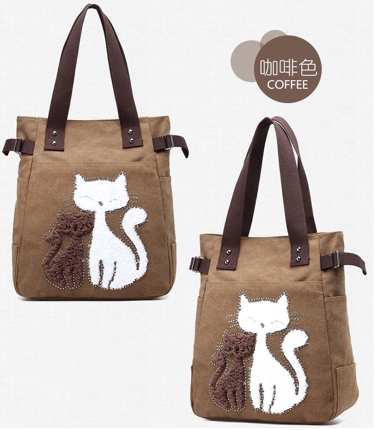 Sarah Express Canvas Tote Bag with Cat Applique