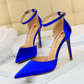 Sarah Express Pointed Toe Silk Ankle Strap Heels Blue