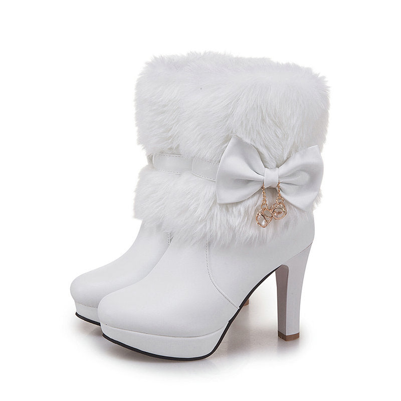 Sarah Express Faux Fur Trim Thick Heel Boots White