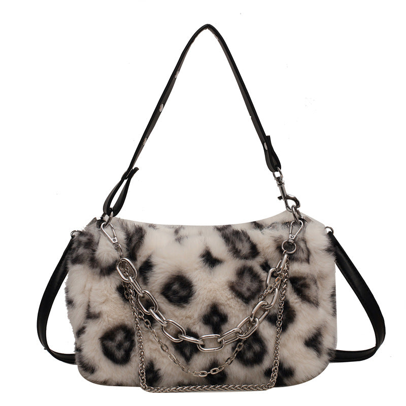 Sarah Express Leopard Print Plush Chain Shoulder Bag