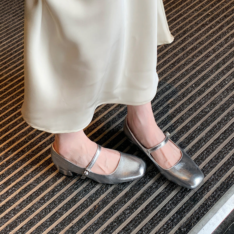 Sarah Express Square Toe Low Heel Mary Jane Pumps Silver