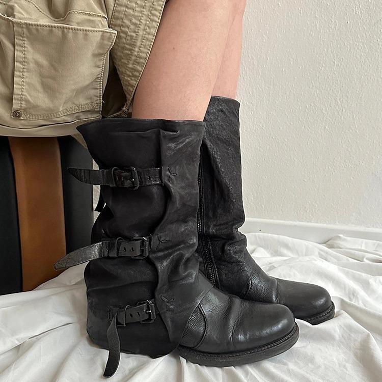 Sarah Express Retro Buckle Pleated Mid-Calf Boots