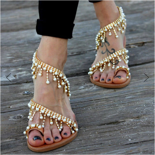 Sarah Express Beaded Pearl Flat Sandals