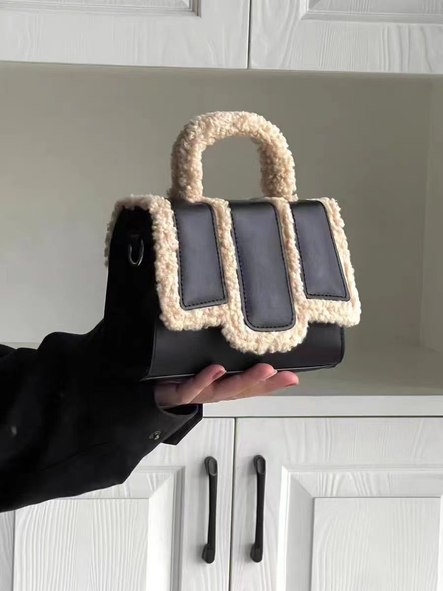 Sarah Express Lamb Wool Trim Structured Crossbody Bag