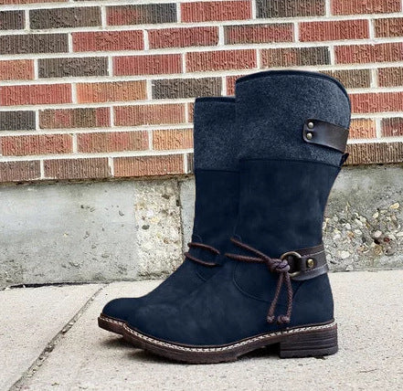 Sarah Express Mid-Calf Suede Boots with Decorative Ties Black