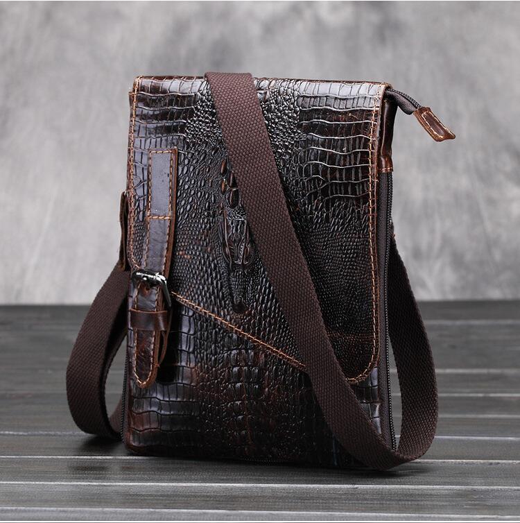 Vintage alligator pattern leather messenger bag in brown