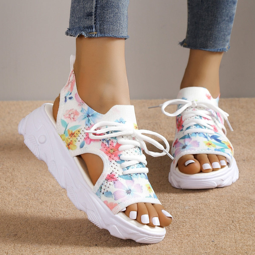 Sarah Express Floral Print Lace-Up Mesh Sandals White Flower