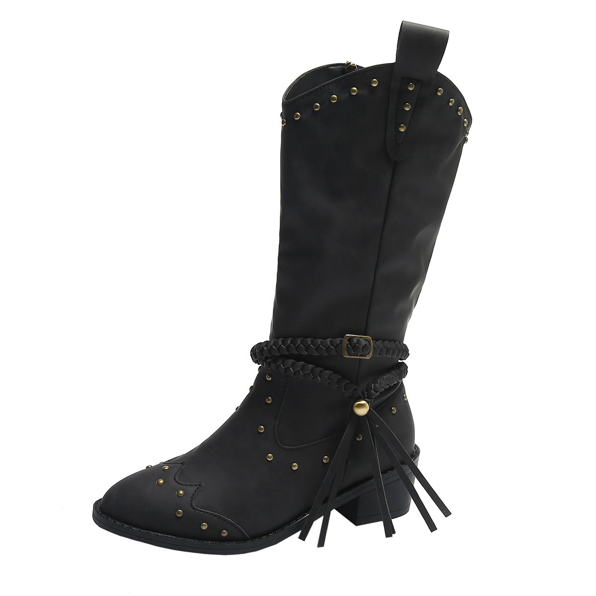 Sarah Express Retro Tassel Braided Strap Western Boots Black