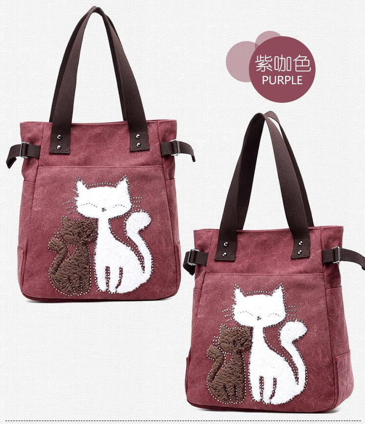 Sarah Express Canvas Tote Bag with Cat Applique