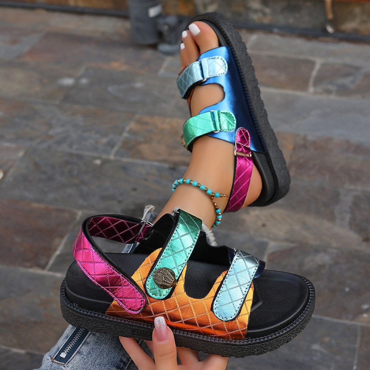 Sarah Express Colorful Platform Velcro Strap Beach Sandals