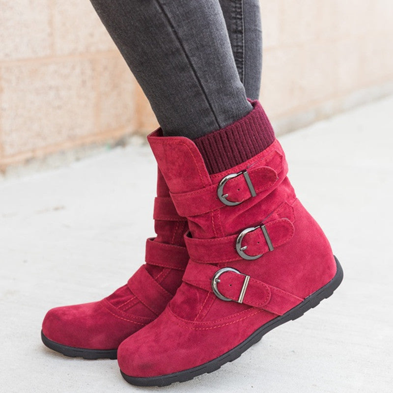 Sarah Express Women's Buckle Strap Flat Ankle Boots