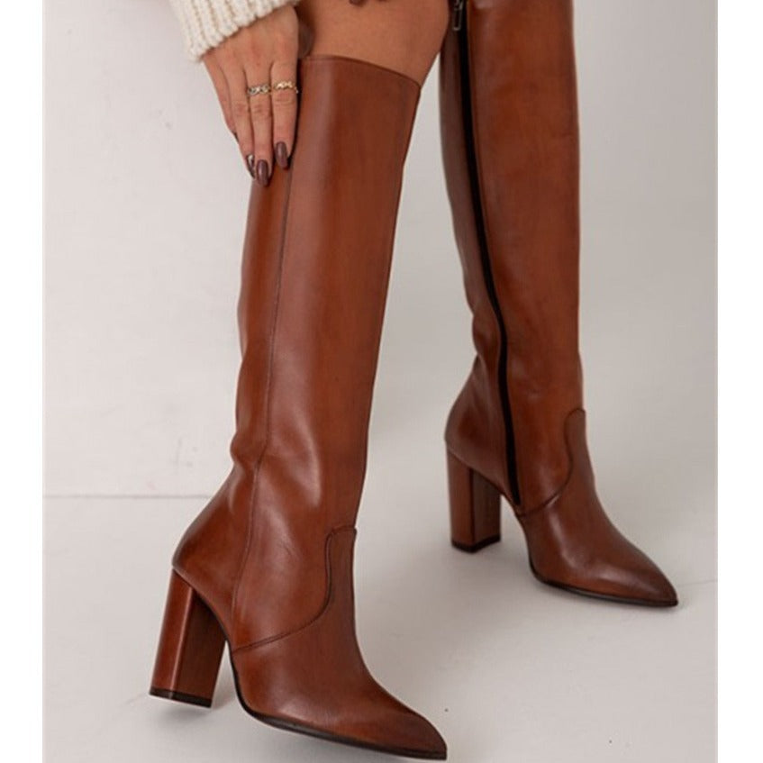 Sarah Express Pointed Toe Chunky Heel Thigh Boots