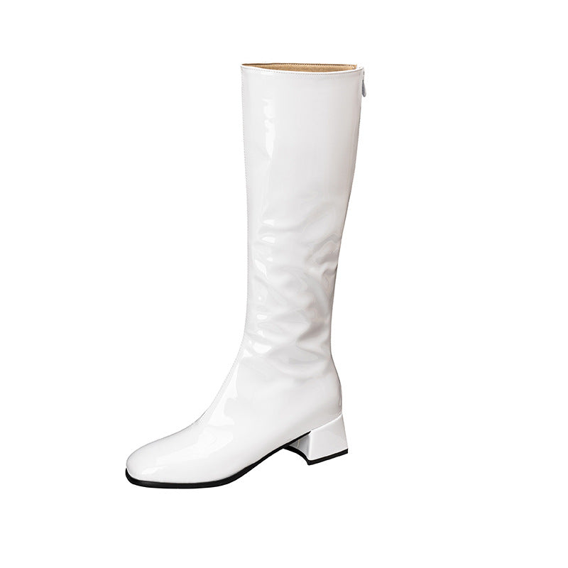 Sarah Express Chunky Heel Square Toe Thigh High Boots White