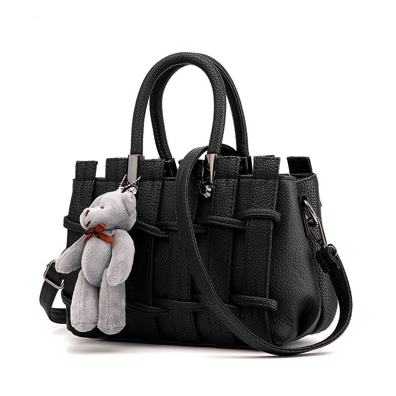 Sarah Express Woven Texture Shoulder Handbag with Charm Black