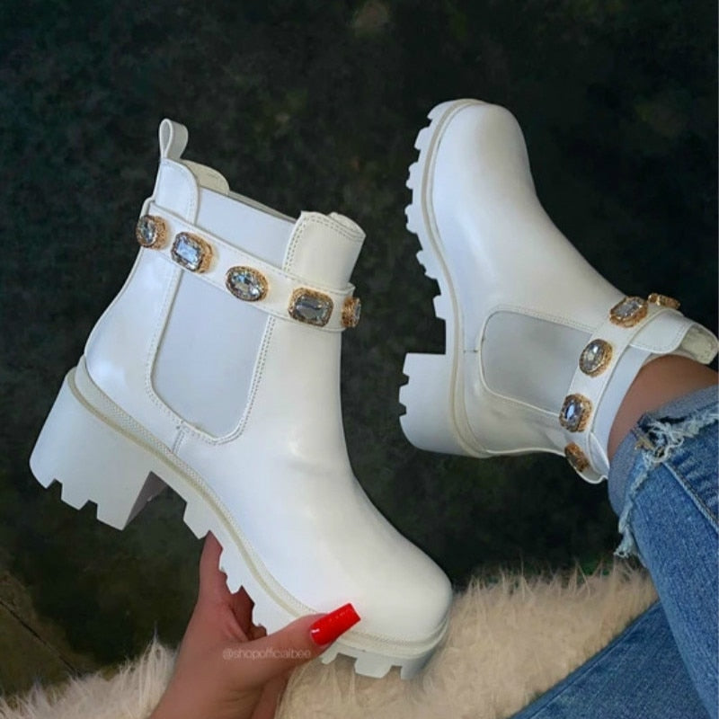 Sarah Express Crystal Embellished Ankle Boots White