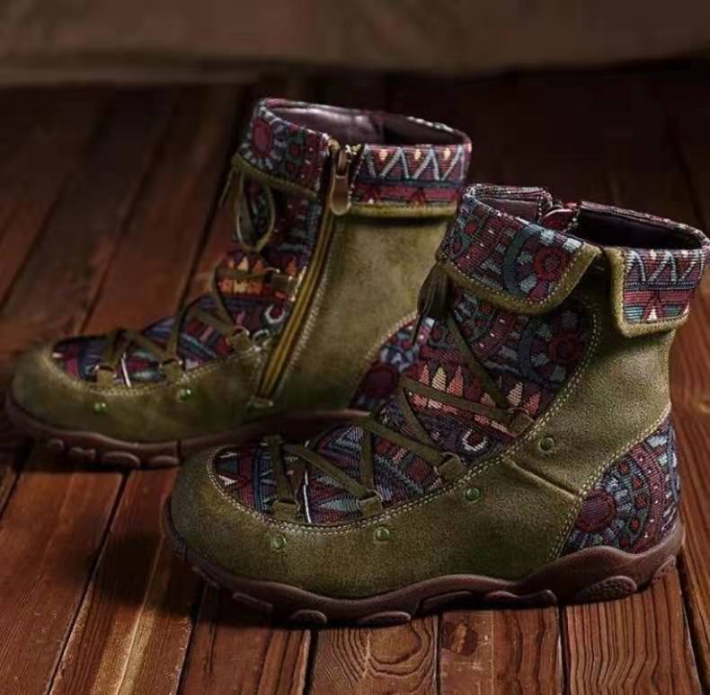Sarah Express Vintage Patterned Flat Ankle Boots
