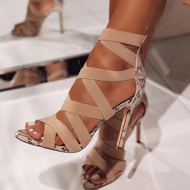 Sarah Express Snake Pattern Crisscross Stiletto Sandals Beige