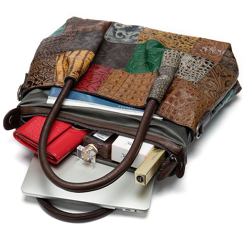Sarah Express Patchwork Cowhide Leather Shoulder Handbag
