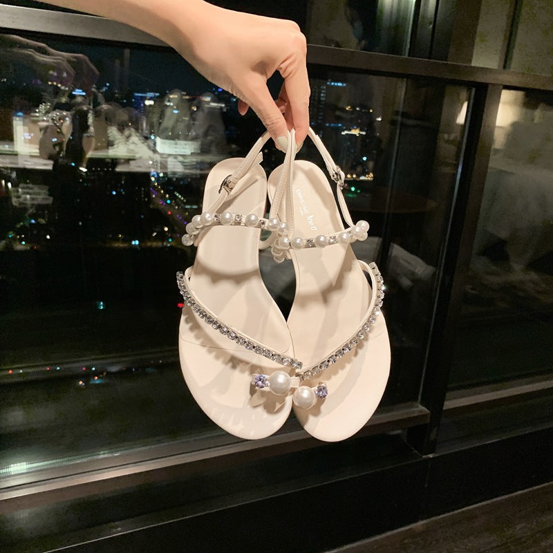 Sarah Express Rhinestone Pearl Embellished Flat Thong Sandals