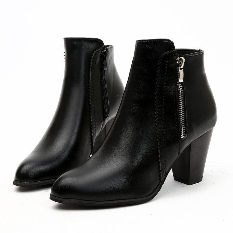 Sarah Express Retro Pointed Toe Chunky Heel Ankle Boots