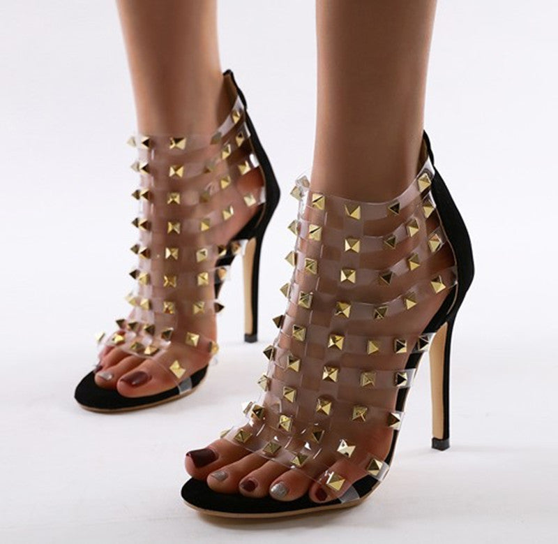 Sarah Express Transparent Rivet Stiletto High Heel Sandals