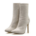 Sarah Express Rhinestone Stiletto Pointed Toe Heeled Boots Beige