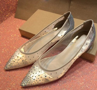 Sarah Express Rhinestone Mesh Pointed Toe High Heels Silver Flat
