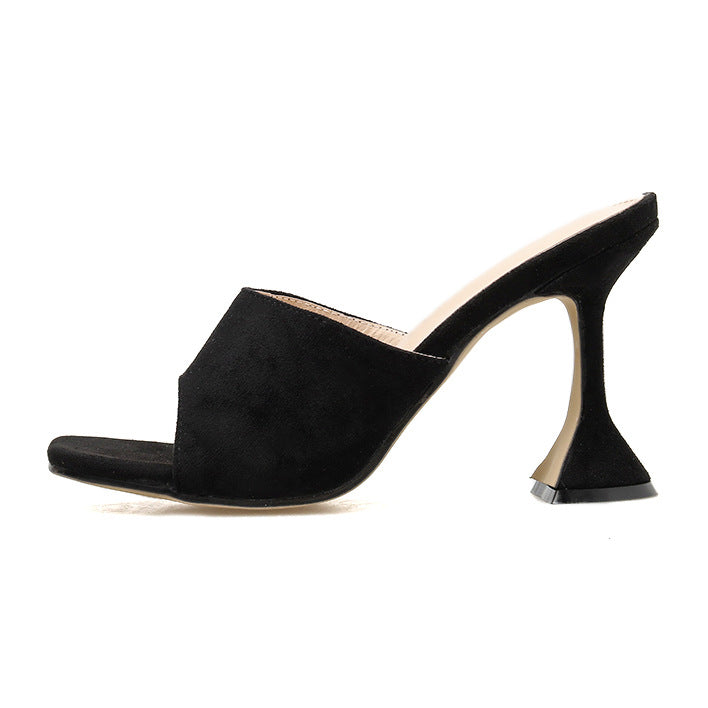 Sarah Express Suede Sculpted Heel Open Toe Mules