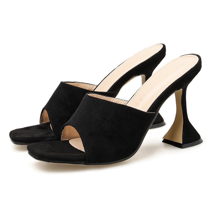 Sarah Express Suede Sculpted Heel Open Toe Mules Black