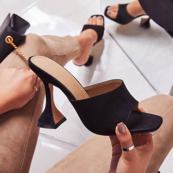 Sarah Express Suede Sculpted Heel Open Toe Mules