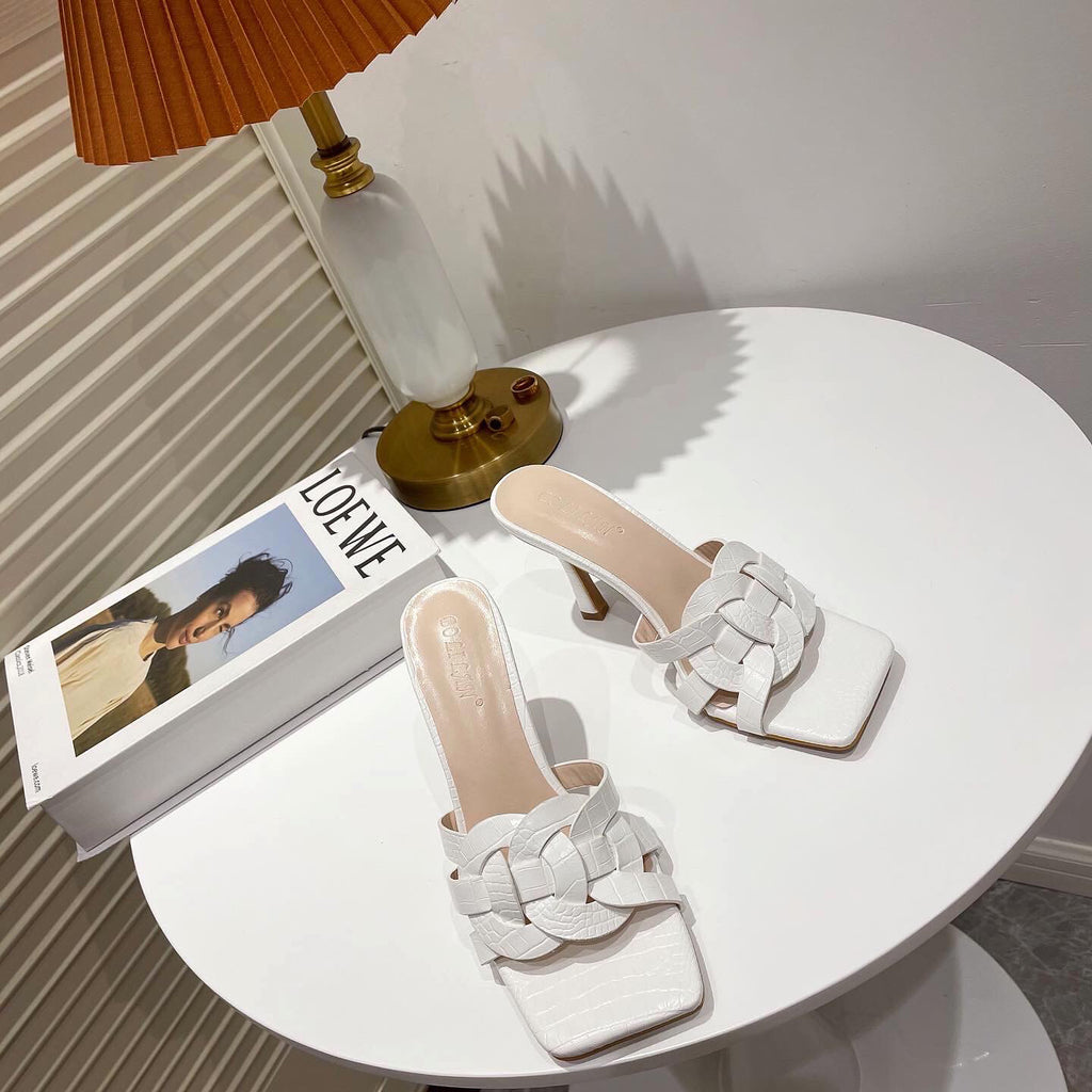 Sarah Express Woven Stiletto High-Heeled Square Toe Sandals White