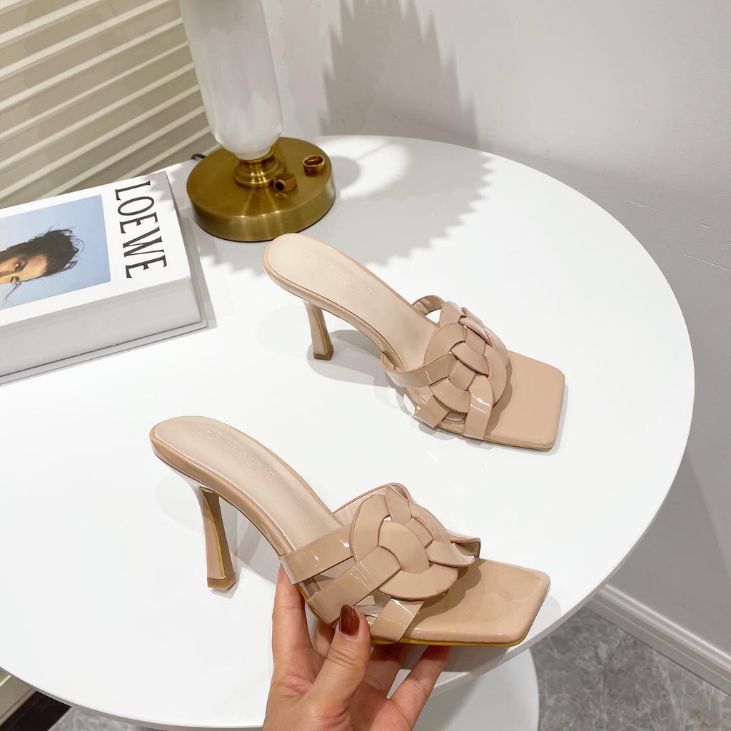 Sarah Express Woven Stiletto High-Heeled Square Toe Sandals