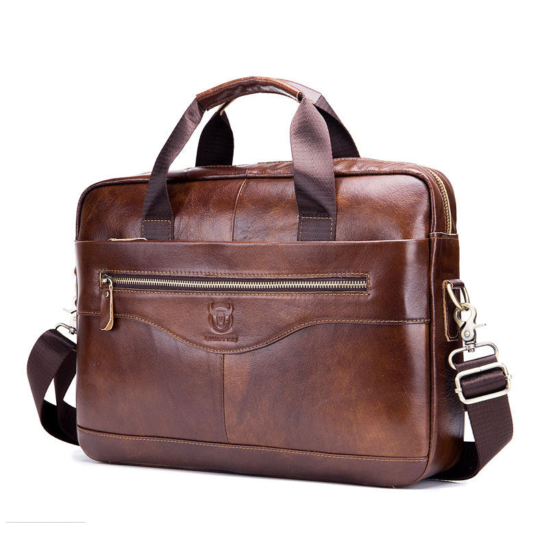 Sarah Express Leather Laptop Briefcase with Shoulder Strap Brown