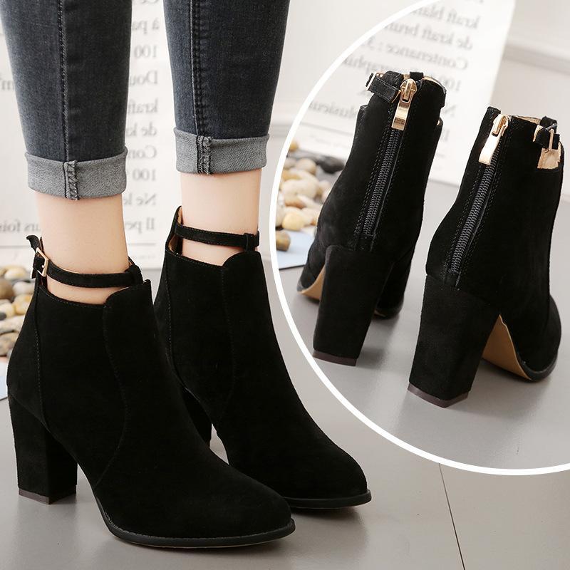 Sarah Express Buckle Strap Block Heel Ankle Boots