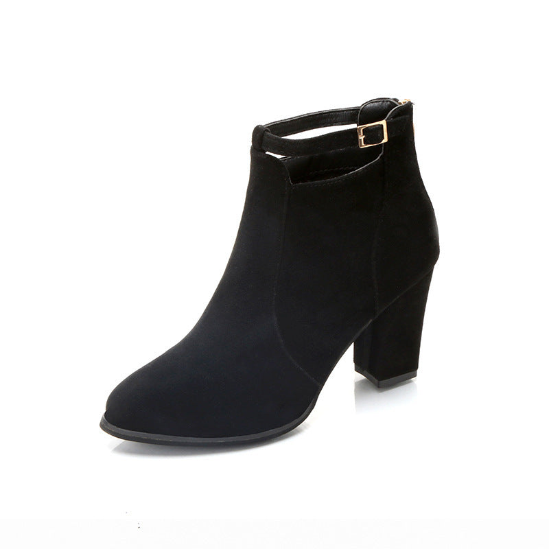 Sarah Express Buckle Strap Block Heel Ankle Boots Black