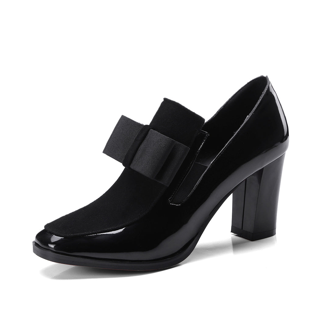 Sarah Express Square Toe Bow Detail Thick Heel Pumps Black