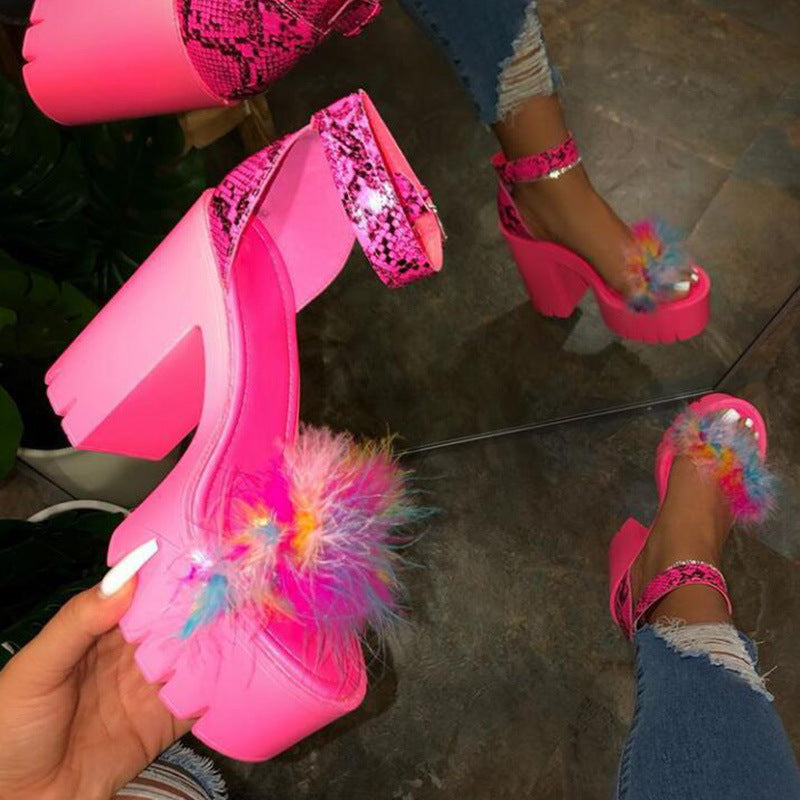 Sarah Express Fluffy Platform Ankle Strap Heels Pink