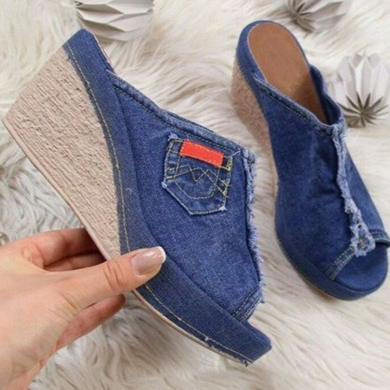 Sarah Express Denim Wedge Platform Open Toe Sandals