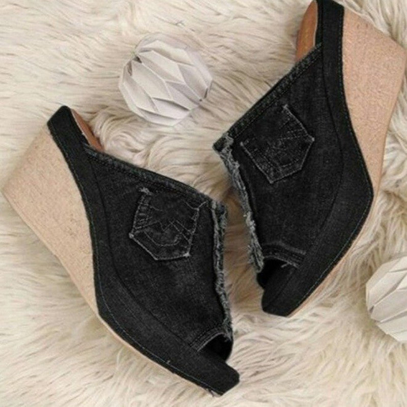 Sarah Express Denim Wedge Platform Open Toe Sandals