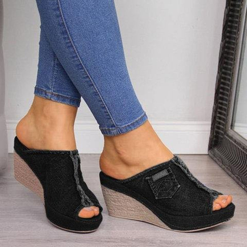 Sarah Express Denim Wedge Platform Open Toe Sandals