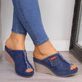 Sarah Express Denim Wedge Platform Open Toe Sandals navy