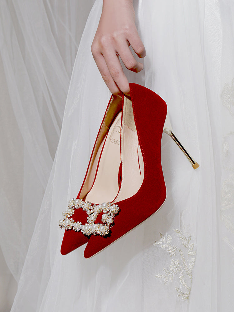 Sarah Express Pearl Rhinestone Stiletto Wedding Heels Wine Red
