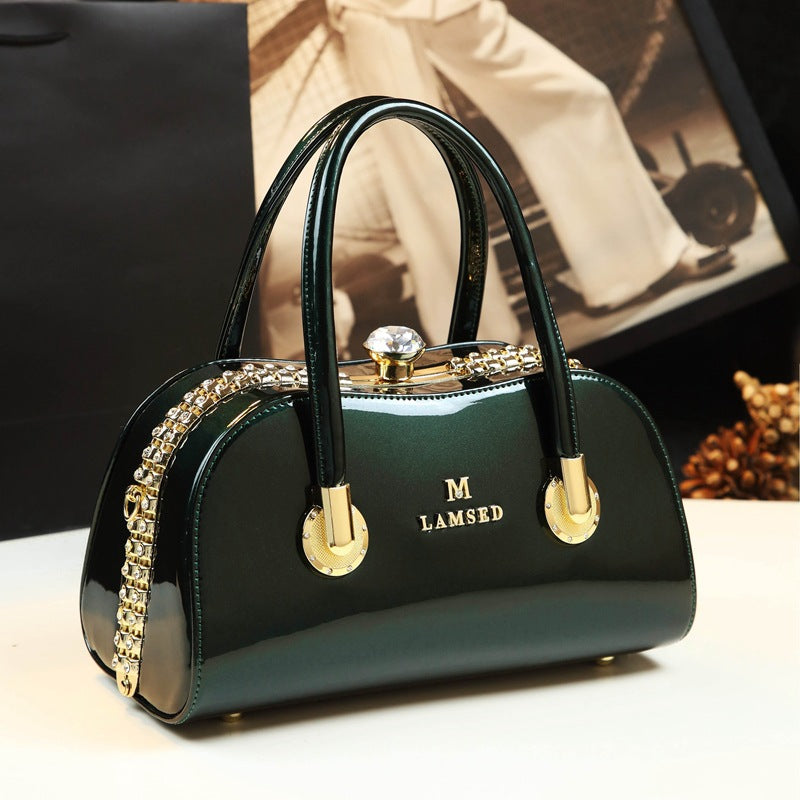 Sarah Express Structured Patent Finish Top Handle Handbag