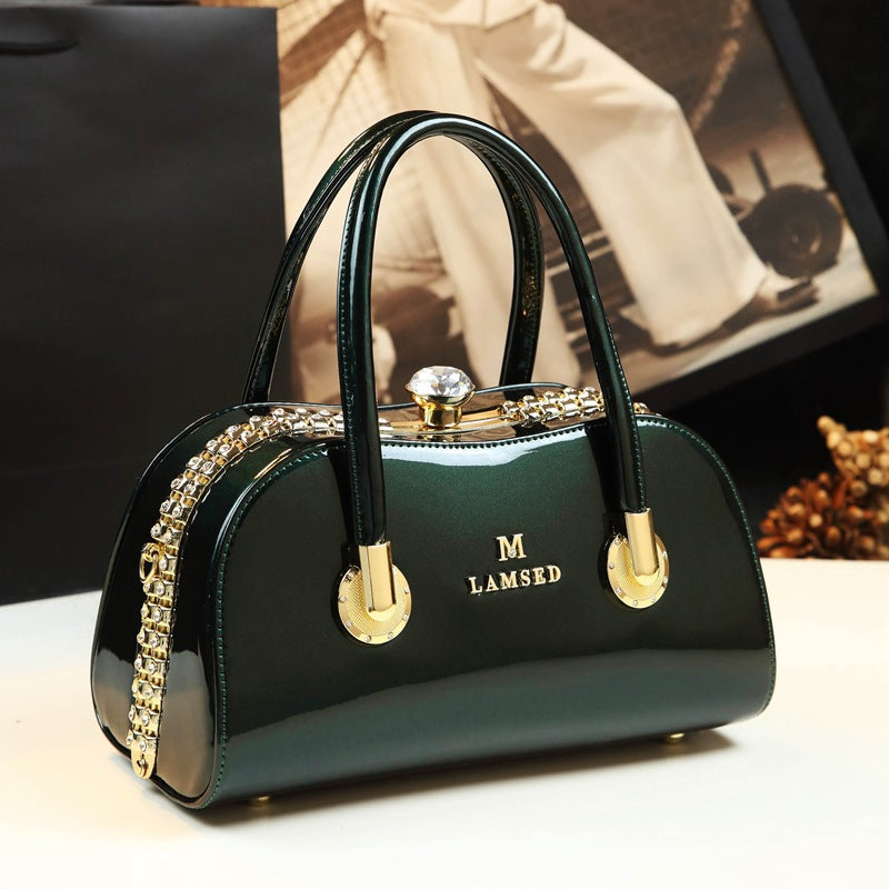 Sarah Express Structured Patent Finish Top Handle Handbag Green